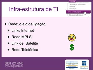 Infra-estrutura de TI

• Rede: o elo de ligação
 • Links Internet
 • Rede MPLS
 • Link de Satélite
 • Rede Telefônica
 