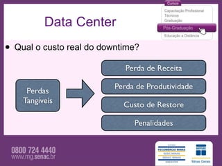 Data Center
• Qual o custo real do downtime?
                             Perda de Receita

                          Perda de Produtividade
     Perdas
    Tangíveis               Custo de Restore

                               Penalidades
 