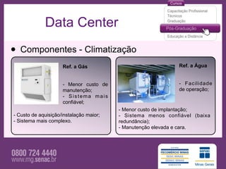 Data Center

• Componentes - Climatização
                     Ref. a Gás                               Ref. a Água


                     - Menor custo de                         - Facilidade
                     manutenção;                              de operação;
                     - Sistema mais
                     confiável;
                                         - Menor custo de implantação;
- Custo de aquisição/instalação maior;   - Sistema menos confiável (baixa
- Sistema mais complexo.                 redundância);
                                         - Manutenção elevada e cara.
 