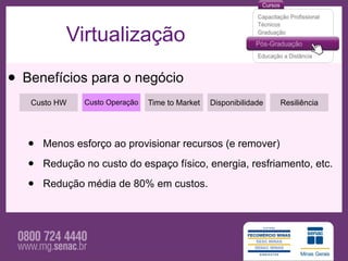 Virtualização

• Benefícios para o negócio
   Custo HW    Custo Operação   Time to Market   Disponibilidade   Resiliência




   •   Menos esforço ao provisionar recursos (e remover)

   •   Redução no custo do espaço físico, energia, resfriamento, etc.

   •   Redução média de 80% em custos.
 