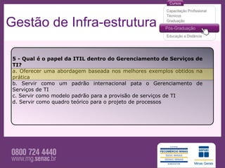 Gestão de Infra-estrutura

 5 - Qual é o papel da ITIL dentro do Gerenciamento de Serviços de
 TI?
 a. Oferecer uma abordagem baseada nos melhores exemplos obtidos na
 prática
 b. Servir como um padrão internacional pata o Gerenciamento de
 Serviços de TI
 c. Servir como modelo padrão para a provisão de serviços de TI
 d. Servir como quadro teórico para o projeto de processos
 