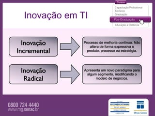Inovação em TI

  Inovação     Processo de melhoria contínua. Não
                   altera de forma expressiva o
Incremental      produto, processo ou estratégia.




 Inovação      Apresenta um novo paradigma para
                algum segmento, modificando o
  Radical            modelo de negócios.
 