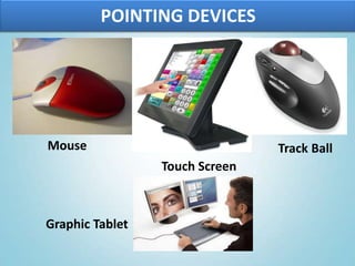POINTING DEVICES
Mouse
Touch Screen
Track Ball
Graphic Tablet
 