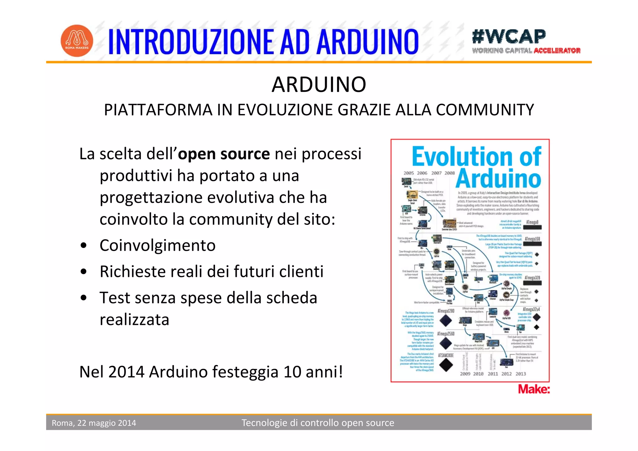 ARDUINO
PIATTAFORMA IN EVOLUZIONE GRAZIE ALLA COMMUNITY
La scelta dell’open source nei processi 
produttivi ha portato a unaproduttivi ha portato a una 
progettazione evolutiva che ha 
coinvolto la community del sito: y
• Coinvolgimento
• Richieste reali dei futuri clientiRichieste reali dei futuri clienti
• Test senza spese della scheda 
realizzata
Nel 2014 Arduino festeggia 10 anni!
Roma, 22 maggio 2014 Tecnologie di controllo open source
gg
 