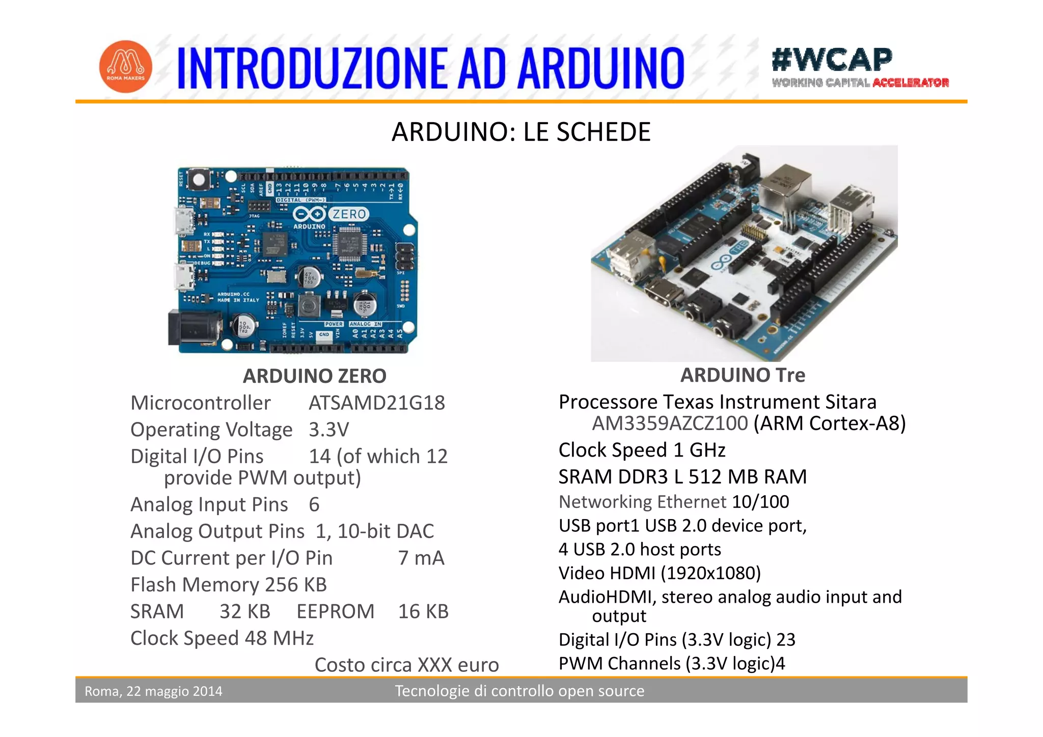 ARDUINO: LE SCHEDE
ARDUINO TARDUINO Tre
Processore Texas Instrument Sitara 
AM3359AZCZ100 (ARM Cortex‐A8)
Clock Speed 1 GHz
ARDUINO ZERO
Microcontroller ATSAMD21G18
Operating Voltage 3.3V
Di it l I/O Pi 14 ( f hi h 12 Clock Speed 1 GHz
SRAM DDR3 L 512 MB RAM 
Networking Ethernet 10/100 
USB port1 USB 2.0 device port, 
Digital I/O Pins 14 (of which 12 
provide PWM output)
Analog Input Pins 6
Analog Output Pins 1 10‐bit DAC
4 USB 2.0 host ports
Video HDMI (1920x1080) 
AudioHDMI, stereo analog audio input and 
output
Analog Output Pins  1, 10 bit DAC
DC Current per I/O Pin 7 mA
Flash Memory 256 KB
SRAM 32 KB     EEPROM 16 KB
Roma, 22 maggio 2014 Tecnologie di controllo open source
output 
Digital I/O Pins (3.3V logic) 23 
PWM Channels (3.3V logic)4
Clock Speed 48 MHz
Costo circa XXX euro
 