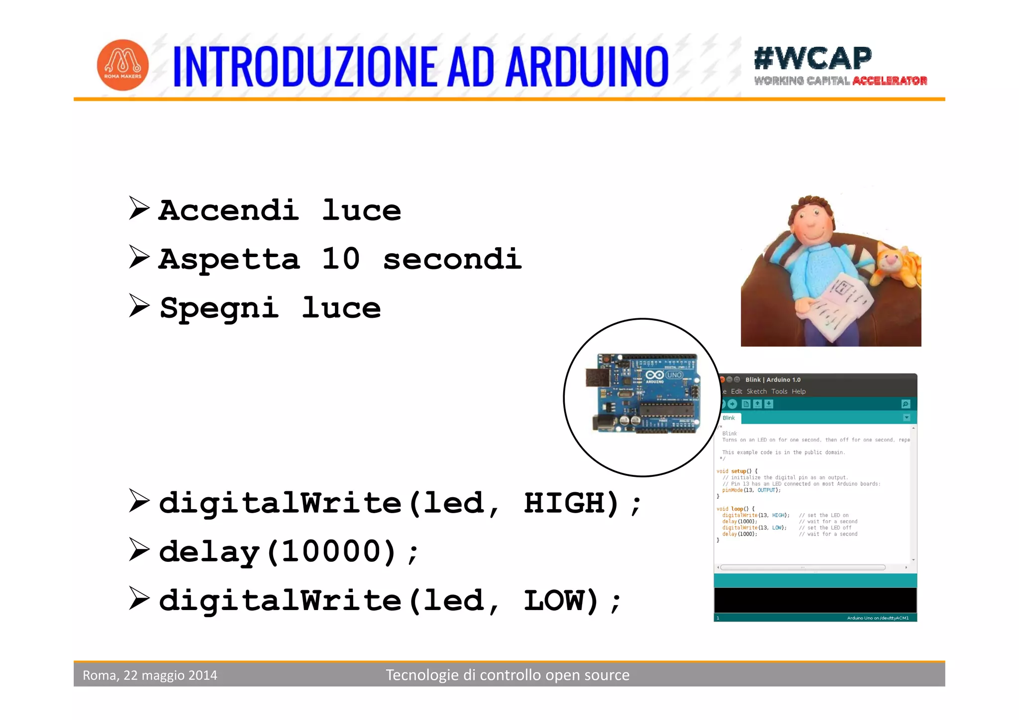 Accendi luce
Aspetta 10 secondi
Spegni luce
digitalWrite(led, HIGH);
delay(10000);
digitalWrite(led LOW);
Roma, 22 maggio 2014 Tecnologie di controllo open source
digitalWrite(led, LOW);
 