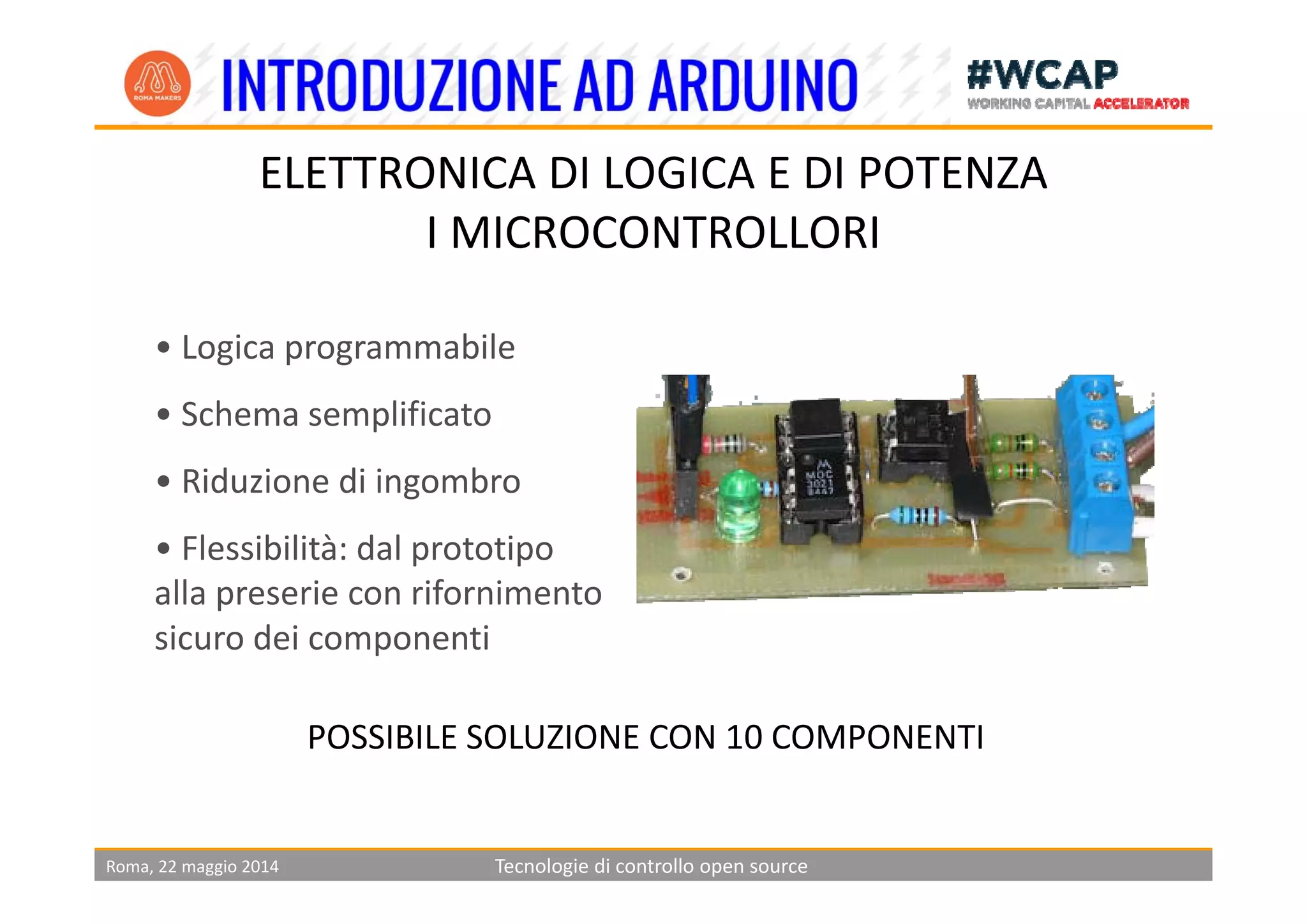 ELETTRONICA DI LOGICA E DI POTENZA
I MICROCONTROLLORI
• Logica programmabileLogica programmabile
• Schema semplificato
• Riduzione di ingombro
• Flessibilità: dal prototipo 
alla preserie con rifornimento 
sicuro dei componenti
POSSIBILE SOLUZIONE CON 10 COMPONENTI
Roma, 22 maggio 2014 Tecnologie di controllo open source
 