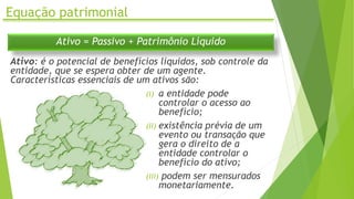 Equação patrimonial
Ativo = Passivo + Patrimônio Líquido
Ativo: é o potencial de benefícios líquidos, sob controle da
entidade, que se espera obter de um agente.
Características essenciais de um ativos são:
(i) a entidade pode
controlar o acesso ao
benefício;
(ii) existência prévia de um
evento ou transação que
gera o direito de a
entidade controlar o
benefício do ativo;
(iii) podem ser mensurados
monetariamente.
 