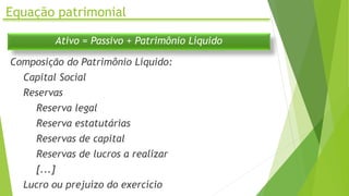 Equação patrimonial
Ativo = Passivo + Patrimônio Líquido
Composição do Patrimônio Líquido:
Capital Social
Reservas
Reserva legal
Reserva estatutárias
Reservas de capital
Reservas de lucros a realizar
[...]
Lucro ou prejuízo do exercício
 