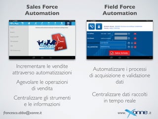 francesco.abbo@xonne.it www. .it
Sales Force 	

Automation
Field Force 	

Automation
Incrementare le vendite	

attraverso automatizzazioni
Agevolare le operazioni	

di vendita
Centralizzare gli strumenti 	

e le informazioni
Automatizzare i processi 	

di acquisizione e validazione	

dati
Centralizzare dati raccolti 	

in tempo reale	

 