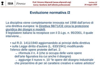 Prof. Simone Aliprandi (www.aliprandi.org)
Corso: Gestione dell'attività professionale
Lezione 12
20 maggio 2020
La discip...