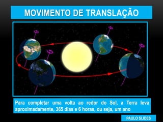 PAULO SLIDES
MOVIMENTO DE TRANSLAÇÃO
Para completar uma volta ao redor do Sol, a Terra leva
aproximadamente, 365 dias e 6 horas, ou seja, um ano
 