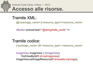 Android Code Camp, Urbino — 2012.

Accesso alle risorse.
Tramite XML:
   @[<package_name>:]<resource_type>/<resource_name>

   <Button android:text=" @string/hello_world " />



Tramite codice:
   [<package_name>.]R.<resource_type>.<resource_name>

   ImageView imageView = (ImageView)
       findViewById(R.id.myimageview);
   imageView.setImageResource(R.drawable.myimage);
 