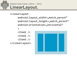 Android Code Camp, Urbino — 2012.

LinearLayout.
<LinearLayout
     android:layout_width=„match_parent“
     android:layout_height=„match_parent“
     android:orientation=„horizontal“
     >
     <Item1 />
     <Item2 />
     <Item3 />
</LinearLayout>
 