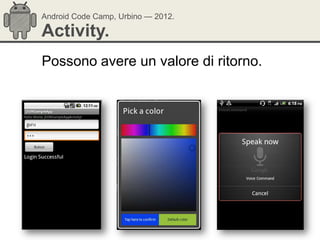 Android Code Camp, Urbino — 2012.

Activity.
Possono avere un valore di ritorno.
 