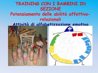 TRAINING CON I BAMBINI IN
               SEZIONE
Potenziamento delle abilità affettivo-
               relazionali
 Attività di alfabetizzazione emotiva
 