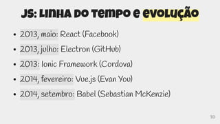 10
JS: Linha do tempo e evolução
● 2013, maio: React (Facebook)
● 2013, julho: Electron (GitHub)
● 2013: Ionic Framework (Cordova)
● 2014, fevereiro: Vue.js (Evan You)
● 2014, setembro: Babel (Sebastian McKenzie)
 