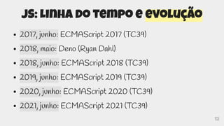 12
JS: Linha do tempo e evolução
● 2017, junho: ECMAScript 2017 (TC39)
● 2018, maio: Deno (Ryan Dahl)
● 2018, junho: ECMAScript 2018 (TC39)
● 2019, junho: ECMAScript 2019 (TC39)
● 2020, junho: ECMAScript 2020 (TC39)
● 2021, junho: ECMAScript 2021 (TC39)
 