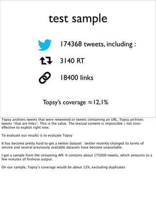 test sample
                                    174368 tweets, including :

                                    3140 RT

 ...
