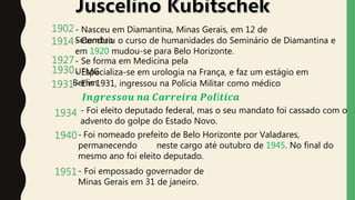 - Nasceu em Diamantina, Minas Gerais, em 12 de
Setembro
1902
- Concluiu o curso de humanidades do Seminário de Diamantina e
em 1920 mudou-se para Belo Horizonte.
1914
1927- Se forma em Medicina pela
UFMG1930- Especializa-se em urologia na França, e faz um estágio em
Berlim1931- Em 1931, ingressou na Polícia Militar como médico
1934 - Foi eleito deputado federal, mas o seu mandato foi cassado com o
advento do golpe do Estado Novo.
1940- Foi nomeado prefeito de Belo Horizonte por Valadares,
permanecendo neste cargo até outubro de 1945. No final do
mesmo ano foi eleito deputado.
𝑰𝒏𝒈𝒓𝒆𝒔𝒔𝒐𝒖 𝒏𝒂 𝑪𝒂𝒓𝒓𝒆𝒊𝒓𝒂 𝑷𝒐𝒍í𝒕𝒊𝒄𝒂
- Foi empossado governador de
Minas Gerais em 31 de janeiro.
1951
 