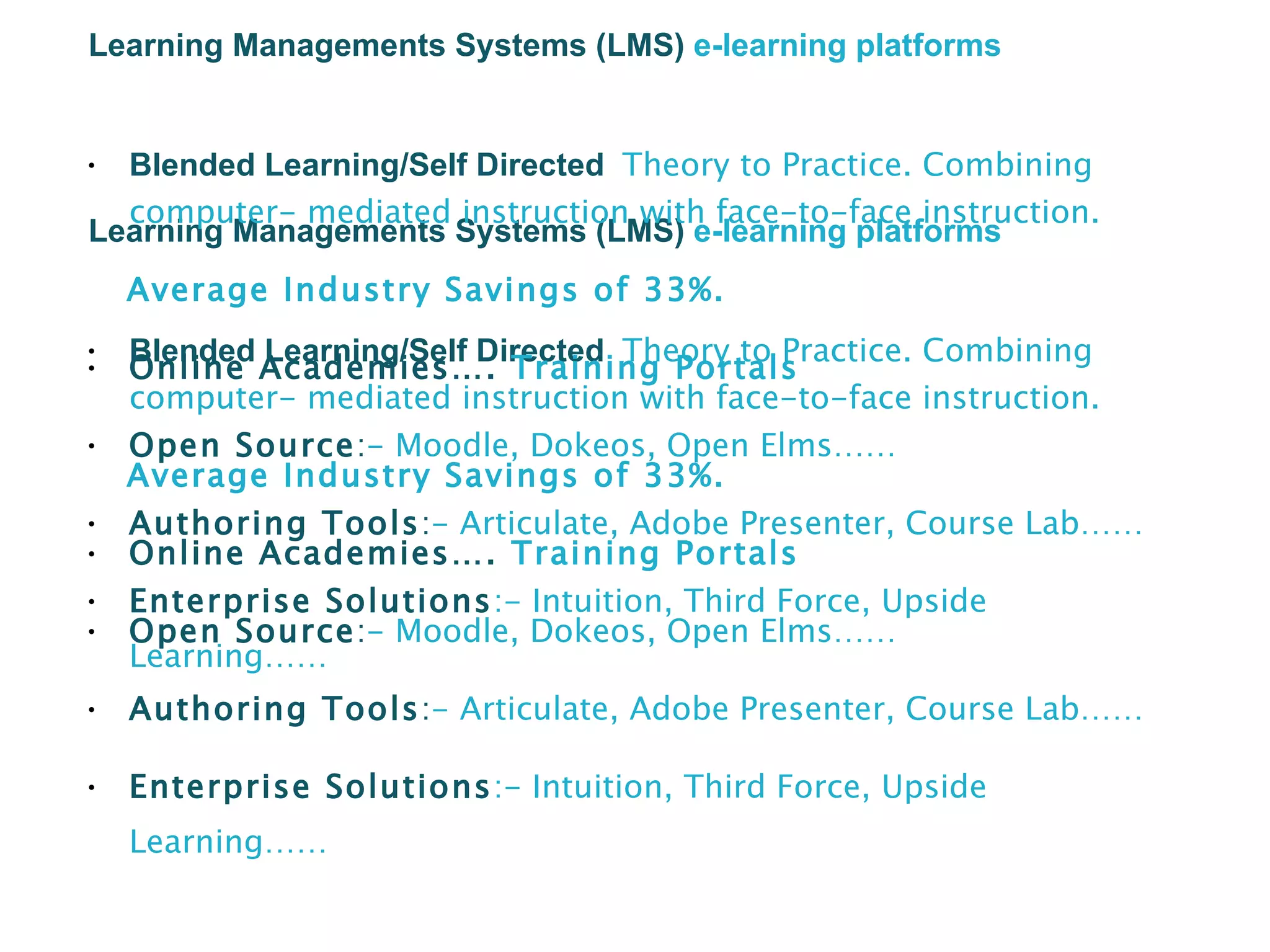 Learning Managements Systems (LMS)  e-learning platforms Blended Learning/Self Directed  Theory to Practice. Combining computer- mediated instruction with face-to-face instruction.  Average Industry Savings of 33%. Online Academies….  Training Portals Open Source : - Moodle, Dokeos, Open Elms…… Authoring Tools : - Articulate, Adobe Presenter, Course Lab…… Enterprise Solutions :- Intuition, Third Force, Upside Learning…… Learning Managements Systems (LMS)  e-learning platforms Blended Learning/Self Directed  Theory to Practice. Combining computer- mediated instruction with face-to-face instruction.  Average Industry Savings of 33%. Online Academies….  Training Portals Open Source : - Moodle, Dokeos, Open Elms…… Authoring Tools : - Articulate, Adobe Presenter, Course Lab…… Enterprise Solutions :- Intuition, Third Force, Upside Learning…… 