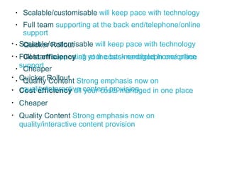 Scalable/customisable  will keep pace with technology  Full team  supporting at the back end/telephone/online support Quicker Rollout Cost efficiency  all your costs managed in one place Cheaper Quality Content  Strong emphasis now on quality/interactive content provision Scalable/customisable  will keep pace with technology  Full team  supporting at the back end/telephone/online support Quicker Rollout Cost efficiency  all your costs managed in one place Cheaper Quality Content  Strong emphasis now on quality/interactive content provision 