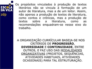 Os propósitos vinculados à produção de textos literários não se vincula à formação de um autor de literatura, mas a de um leitor. Assim, não apenas a produção de textos de literatura, como contos e crônicas, mas a produção de textos sobre a literatura, como as recomendações enquadram-se nesse eixo do trabalho.  A ORGANIZAÇÃO CURRÍCULAR BASEIA-SE NOS CRITÉRIOS DE  PROGRESSÃO ,  DIVERSIDADE  E  CONTINUIDADE , ENTRE OUTROS, E FAZ USO DAS  MODALIDADES ORGANIZATIVAS  (PROJETOS, SEQUÊNCIAS, ATIVIDADES HABITUAIS, ATIVIDADES OCASIONAIS) PARA TAL ESTRUTURAÇÃO.     