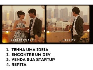 1. Tenha uma ideia 
2. Encontre um dev 
3. Venda sua startup 
4. repita 
 