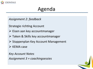 Agenda	
  
Assignment	
  2:	
  feedback	
  
	
  
Strategie	
  richBng	
  Account	
  
Ø Eisen	
  aan	
  key	
  accountmanager	
  	
  
Ø Taken	
  &	
  Skills	
  key	
  accountmanager	
  
Ø Stappenplan	
  Key	
  Account	
  Management	
  
Ø KEMA	
  case	
  
	
  
Key	
  Account	
  Notes	
  	
  
Assignment	
  3	
  +	
  coachingsessies	
  
 