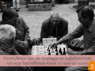 Formuleren	
  van	
  de	
  strategie	
  en	
  bijbehorende	
  
rol	
  voor	
  betreﬀende	
  klant	
  (of	
  deel	
  van	
  klant)	
  
5	
  
 