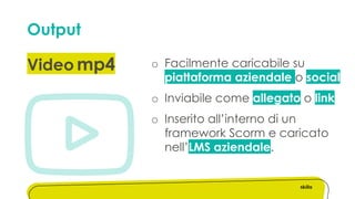 Output
Video mp4 o Facilmente caricabile su
piattaforma aziendale o social
o Inviabile come allegato o link
o Inserito all’interno di un
framework Scorm e caricato
nell’LMS aziendale.
 
