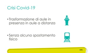Crisi Covid-19
• Trasformazione di aule in
presenza in aule a distanza
• Senza alcuno spostamento
fisico
 