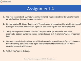 Assignment	
  4	
  	
  
1.  Tijd	
  voor	
  tussenstand:	
  Vul	
  het	
  waarom	
  (webinar	
  1),	
  waartoe	
  (webinar	
  3),	
  wat	
  (Vermaak),	
  	
  
en	
  wie	
  (webinar	
  2)	
  in	
  van	
  je	
  verandertraject.	
  

2.  Ga	
  naar	
  pagina	
  30-­‐31	
  van	
  ‘Beweging	
  in	
  Veranderende	
  organisaHes’.	
  Hier	
  vind	
  je	
  een	
  aantal	
  
stellingen	
  zoals	
  in	
  de	
  voorbeelden	
  is	
  gedaan	
  voor	
  jouw	
  organisaHe.	
  Beschrijf	
  ze	
  kort.	
  
	
  
3.  	
  Bekijk	
  vervolgens	
  de	
  lijst	
  met	
  dilemma’s	
  en	
  geef	
  op	
  de	
  lijst	
  aan	
  welke	
  voor	
  jouw	
  	
  
organisaHe	
  opgaan.	
  Vul	
  de	
  lijst	
  van	
  de	
  vorige	
  stap	
  aan	
  met	
  de	
  dilemma’s	
  waar	
  jij	
  tegenaan	
  
loopt.	
  
	
  
4.  Vermaak	
  noemde	
  in	
  zijn	
  college	
  verschillende	
  veranderstrategiën	
  en	
  in	
  ﬁguur	
  11.1	
  noemt	
  
Boonstra	
  er	
  nog	
  een	
  aantal.	
  Geef	
  bij	
  de	
  voor	
  jou	
  relevante	
  dilemma’s	
  aan	
  tot	
  welke	
  	
  
veranderaanpak	
  je	
  wilt	
  komen.	
  
	
  
5.  Vul	
  het	
  ‘hoe’	
  aan	
  in	
  de	
  tabel.	
  

Course Verandermanagement 201401 - Crowdale.com

 