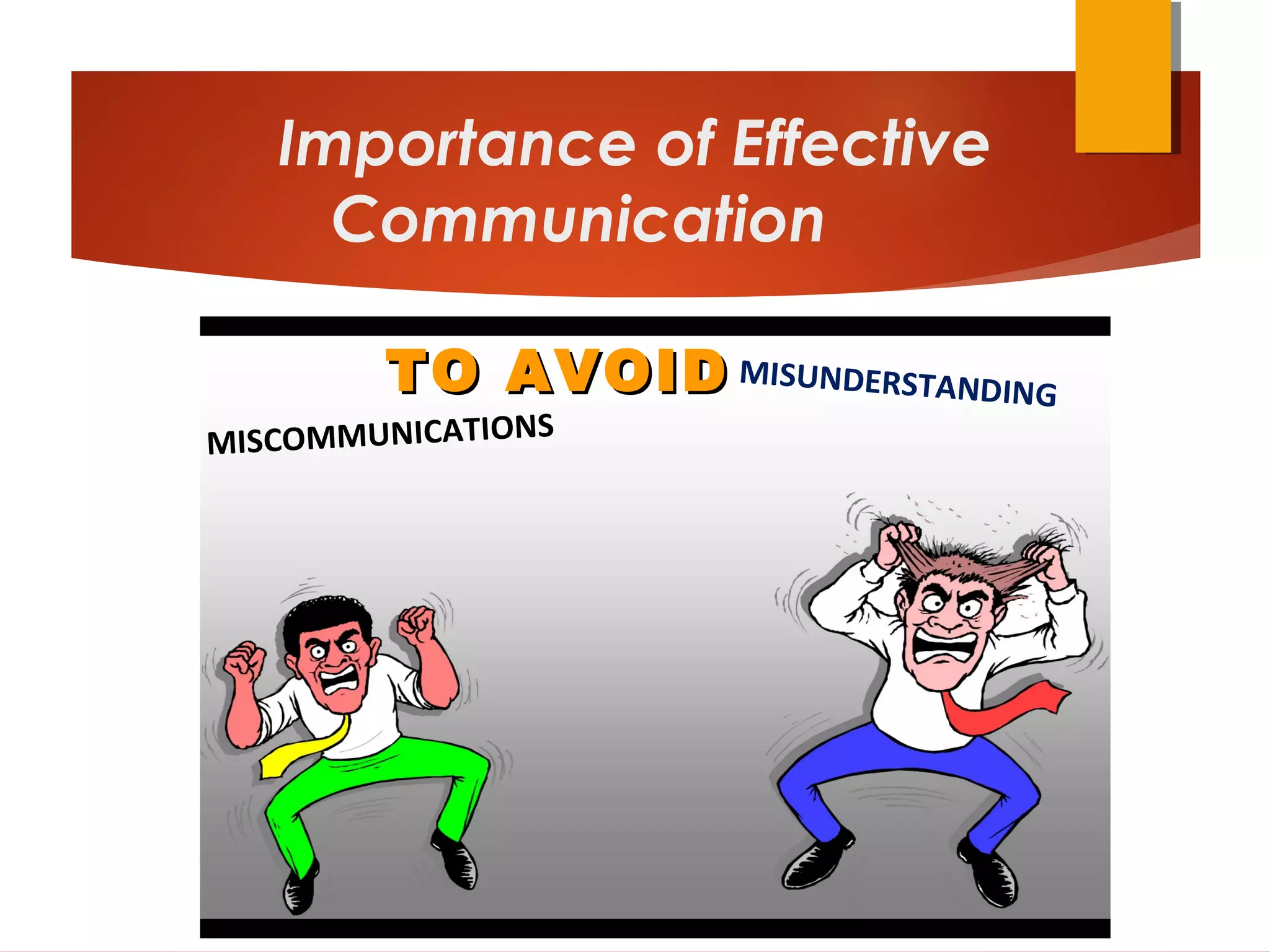 Importance of Effective
Communication
TO AVOIDTO AVOID MISUNDERSTANDING
MISCOMMUNICATIONS
 