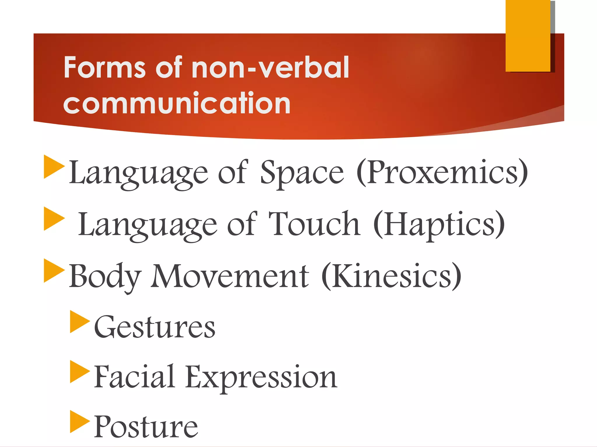 Forms of non-verbal
communication
Language of Space (Proxemics)
 Language of Touch (Haptics)
Body Movement (Kinesics)
Gestures
Facial Expression
Posture
 
