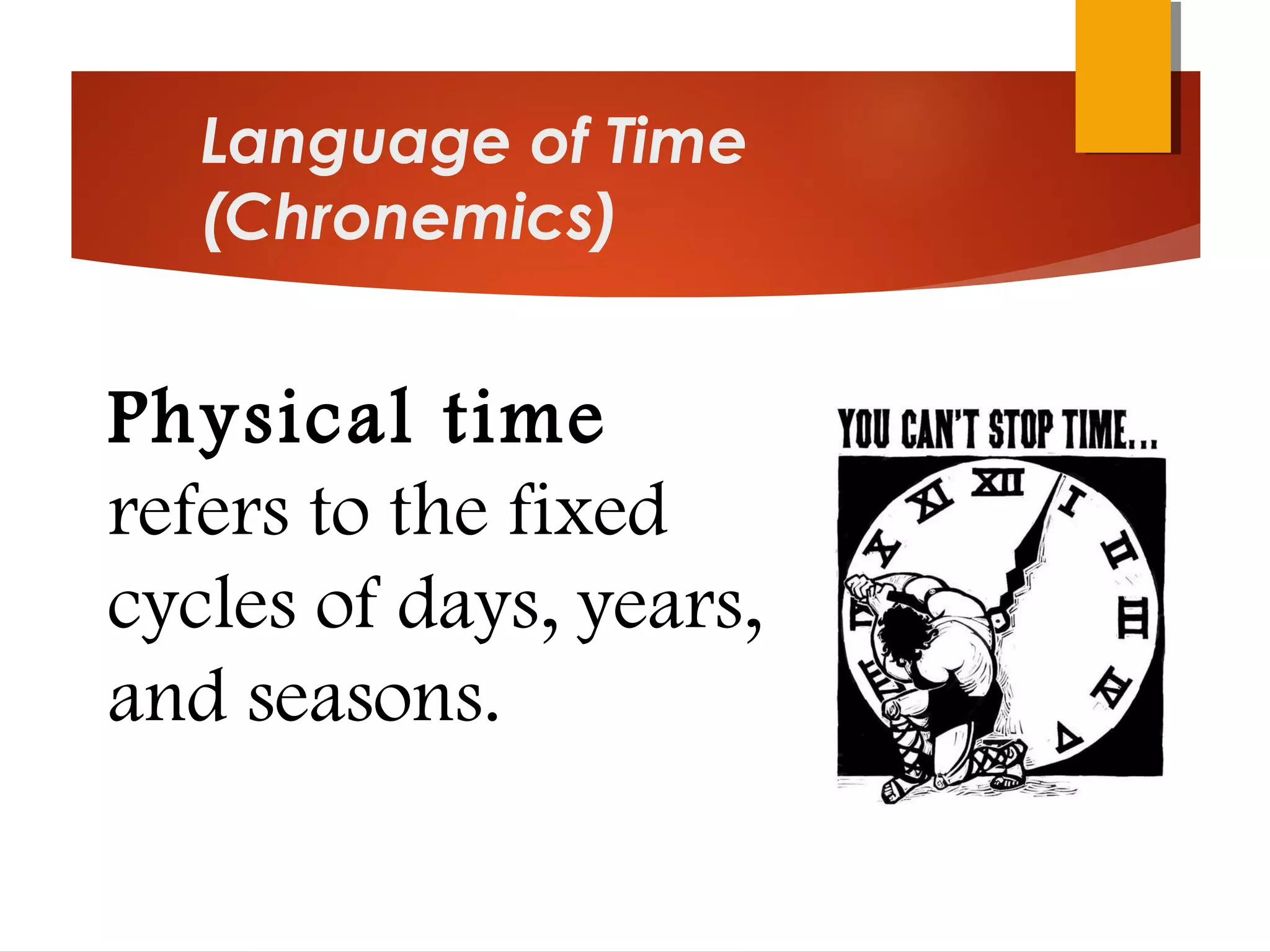 Language of Time
(Chronemics)
Physical time
refers to the fixed
cycles of days, years,
and seasons. 
 