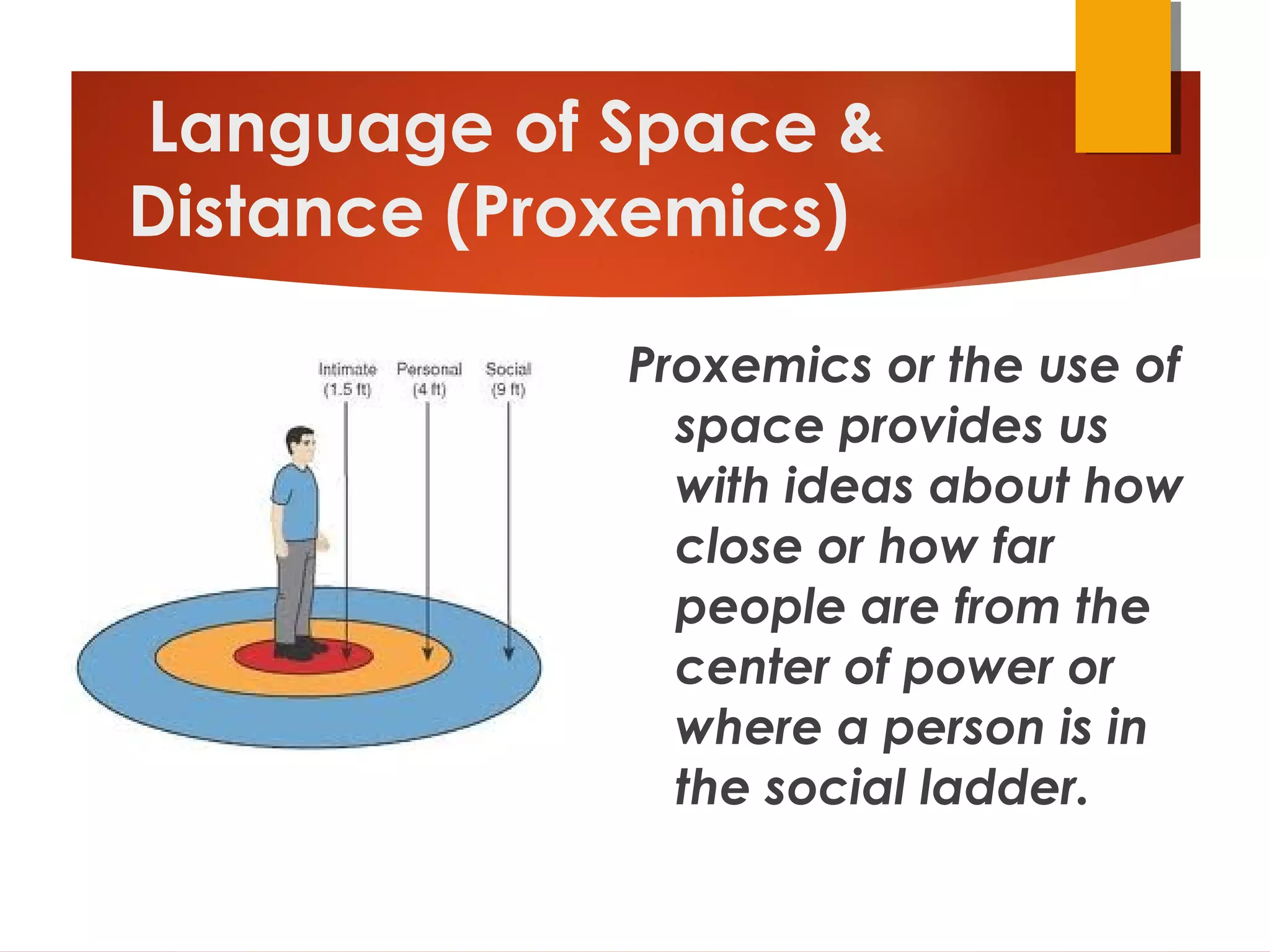 Language of Space &
Distance (Proxemics)
Proxemics or the use of
space provides us
with ideas about how
close or how far
people are from the
center of power or
where a person is in
the social ladder.
 