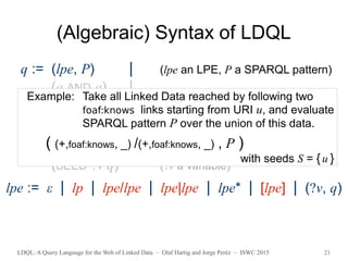 LDQL: A Query Language for the Web of Linked Data – Olaf Hartig and Jorge Peréz – ISWC 2015 21
(Algebraic) Syntax of LDQL
q := (lpe, P) | (lpe an LPE, P a SPARQL pattern)
(q AND q) |
(q UNION q) |
πV q | (V a set of variables)
(SEED U q) | (U a set of URIs)
(SEED ?v q) (?v a variable)
lpe := ε | lp | lpe/lpe | lpe|lpe | lpe* | [lpe] | (?v, q)
Example: Take all Linked Data reached by following two
foaf:knows links starting from URI u, and evaluate
SPARQL pattern P over the union of this data.
( (+,foaf:knows, _) /(+,foaf:knows, _) , P )
with seeds S = {u }
 