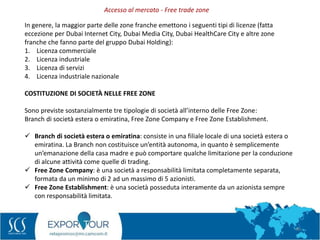 46
In genere, la maggior parte delle zone franche emettono i seguenti tipi di licenze (fatta
eccezione per Dubai Internet City, Dubai Media City, Dubai HealthCare City e altre zone
franche che fanno parte del gruppo Dubai Holding):
1. Licenza commerciale
2. Licenza industriale
3. Licenza di servizi
4. Licenza industriale nazionale
COSTITUZIONE DI SOCIETÀ NELLE FREE ZONE
Sono previste sostanzialmente tre tipologie di società all’interno delle Free Zone:
Branch di società estera o emiratina, Free Zone Company e Free Zone Establishment.
 Branch di società estera o emiratina: consiste in una filiale locale di una società estera o
emiratina. La Branch non costituisce un’entità autonoma, in quanto è semplicemente
un’emanazione della casa madre e può comportare qualche limitazione per la conduzione
di alcune attività come quelle di trading.
 Free Zone Company: è una società a responsabilità limitata completamente separata,
formata da un minimo di 2 ad un massimo di 5 azionisti.
 Free Zone Establishment: è una società posseduta interamente da un azionista sempre
con responsabilità limitata.
Accesso al mercato - Free trade zone
 