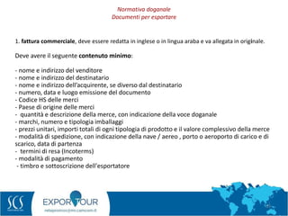 53
1. fattura commerciale, deve essere redatta in inglese o in lingua araba e va allegata in originale.
Deve avere il seguente contenuto minimo:
- nome e indirizzo del venditore
- nome e indirizzo del destinatario
- nome e indirizzo dell’acquirente, se diverso dal destinatario
- numero, data e luogo emissione del documento
- Codice HS delle merci
- Paese di origine delle merci
- quantità e descrizione della merce, con indicazione della voce doganale
- marchi, numero e tipologia imballaggi
- prezzi unitari, importi totali di ogni tipologia di prodotto e il valore complessivo della merce
- modalità di spedizione, con indicazione della nave / aereo , porto o aeroporto di carico e di
scarico, data di partenza
- termini di resa (Incoterms)
- modalità di pagamento
- timbro e sottoscrizione dell'esportatore
Normativa doganale
Documenti per esportare
 