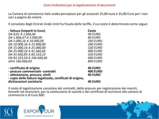 58
La Camera di commercio italo-araba percepisce per gli associati 25,00 euro e 35,00 Euro per i non
soci a pagina da vistare.
Il consolato degli Emirati Arabi Uniti ha fissato delle tariffe, il cui costo è determinato come segue:
- fattura (importi in Euro) Costo
DA 0,01 A 1.666,66 40 EURO
DA 1.666,67 A 5.000,00 80 EURO
DA 5.000,16 A 10.000,00 160 EURO
DA 10.000,16 A 15.000,00 240 EURO
DA 15.000,16 A 25.000,00 320 EURO
DA 25.000,16 A 41.666,66 400 EURO
DA 41.666,83 A 83.333,23 520 EURO
DA 83.333,50 A 166.666,66 600 EURO
oltre 166.666,83 800 EURO
- certificato di origine 40 EURO
- procura commerciale -contratti 400 EURO
- attestazione, procura, simili 40 EURO
- copie delle fatture legalizzate, certificati di origine,
dichiarazioni societarie 40 EURO
Il costo di legalizzazione consolare dei contratti, delle procure per registrazione dei marchi,
brevetti ed invenzioni, per la costituzione di società e dei certificati di iscrizione alla camera di
commercio è di Euro 600.
Costi (indicativi) per la legalizzazione di documenti
 