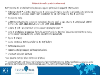64
Sull’etichetta dei prodotti alimentari devono essere contenute le seguenti informazioni:
 lista ingredienti *, in ordine decrescente di contenuto, in inglese e anche in arabo (è anche ammessa
la traduzione in arabo da apporre con uno sticker, ma ciò non vale per la data di scadenza)
 Contenuto netto
 Additivi eventualmente contenuti, indicati con il nome o con la sigla (divieto di utilizzo degli additivi
E104, E105, E107, E123, E131, E124, E142, E924, E952, E1510)
 origine di tutti i grassi animali (devono essere di origine halal) **
 date di produzione e scadenza (formato gg/mm/anno). Le date non possono essere scritte a mano,
devono essere stampate sulla scatola, possibilmente punzonate
 Paese di origine
 nome e indirizzo dell’importatore o del distributore
 Lotto di produzione
 raccomandazioni speciali per la conservazione
 eventuali istruzioni per l’uso
*non devono indicare alcun contenuto di alcool
** sono halal tutti i cibi tranne carne di animali già morti al momento della macellazione, sangue, carne
di maiale, carne di animali macellati senza seguire il particolare rituale religioso.
Etichettatura dei prodotti alimentari
 