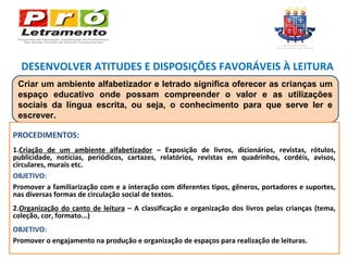 DESENVOLVER ATITUDES E DISPOSIÇÕES FAVORÁVEIS À LEITURA
 Criar um ambiente alfabetizador e letrado significa oferecer as crianças um
 espaço educativo onde possam compreender o valor e as utilizações
 sociais da língua escrita, ou seja, o conhecimento para que serve ler e
 escrever.

PROCEDIMENTOS:
1.Criação de um ambiente alfabetizador – Exposição de livros, dicionários, revistas, rótulos,
publicidade, notícias, periódicos, cartazes, relatórios, revistas em quadrinhos, cordéis, avisos,
circulares, murais etc.
OBJETIVO:
Promover a familiarização com e a interação com diferentes tipos, gêneros, portadores e suportes,
nas diversas formas de circulação social de textos.
2.Organização do canto de leitura – A classificação e organização dos livros pelas crianças (tema,
coleção, cor, formato...)
OBJETIVO:
Promover o engajamento na produção e organização de espaços para realização de leituras.
 