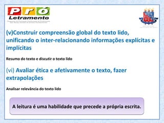 (v)Construir compreensão global do texto lido,
unificando o inter-relacionando informações explícitas e
implícitas
Resumo do texto e discutir o texto lido

(vi) Avaliar ética e afetivamente o texto, fazer
extrapolações
Analisar relevância do texto lido



   A leitura é uma habilidade que precede a própria escrita.
 