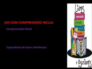 A compreensão dos textos pela criança é
a meta principal do ensino da leitura.

LER COM COMPREENSÃO INCLUI:
* Compreensão linear
– Construção do “fio da meada” que unifica e
inter-relaciona os conteúdos lidos, compondo um
todo coerente.
* Capacidade de fazer inferências
– “Ler nas entrelinhas”, compreender os
subentendidos, os “não ditos”, associar
elementos presentes no texto com os da vivência
do leitor.
 