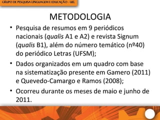 METODOLOGIA
• Pesquisa de resumos em 9 periódicos
nacionais (qualis A1 e A2) e revista Signum
(qualis B1), além do número temático (nº40)
do periódico Letras (UFSM);
• Dados organizados em um quadro com base
na sistematização presente em Gamero (2011)
e Quevedo-Camargo e Ramos (2008);
• Ocorreu durante os meses de maio e junho de
2011.
 