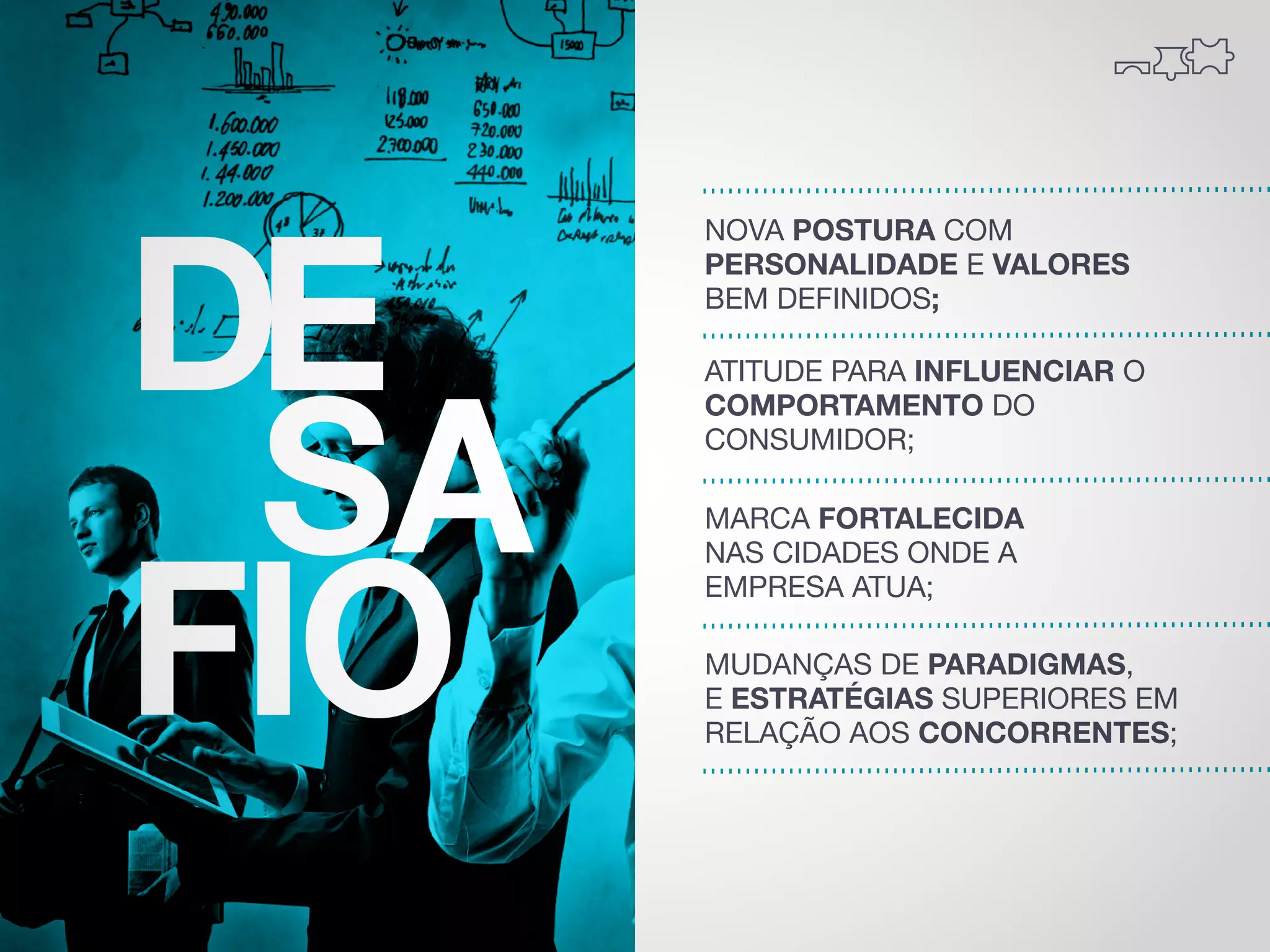 DE
SA
FIO

NOVA POSTURA COM
PERSONALIDADE E VALORES
BEM DEFINIDOS;
ATITUDE PARA INFLUENCIAR O
COMPORTAMENTO DO
CONSUMIDOR;
MARCA FORTALECIDA
NAS CIDADES ONDE A
EMPRESA ATUA;
MUDANÇAS DE PARADIGMAS,
E ESTRATÉGIAS SUPERIORES EM
RELAÇÃO AOS CONCORRENTES;

 
