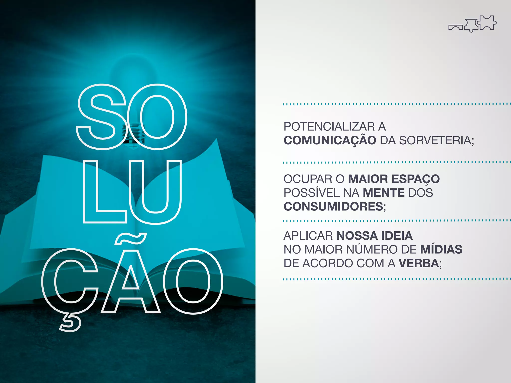 POTENCIALIZAR A
COMUNICAÇÃO DA SORVETERIA;
OCUPAR O MAIOR ESPAÇO
POSSÍVEL NA MENTE DOS
CONSUMIDORES;
APLICAR NOSSA IDEIA
NO MAIOR NÚMERO DE MÍDIAS
DE ACORDO COM A VERBA;

 