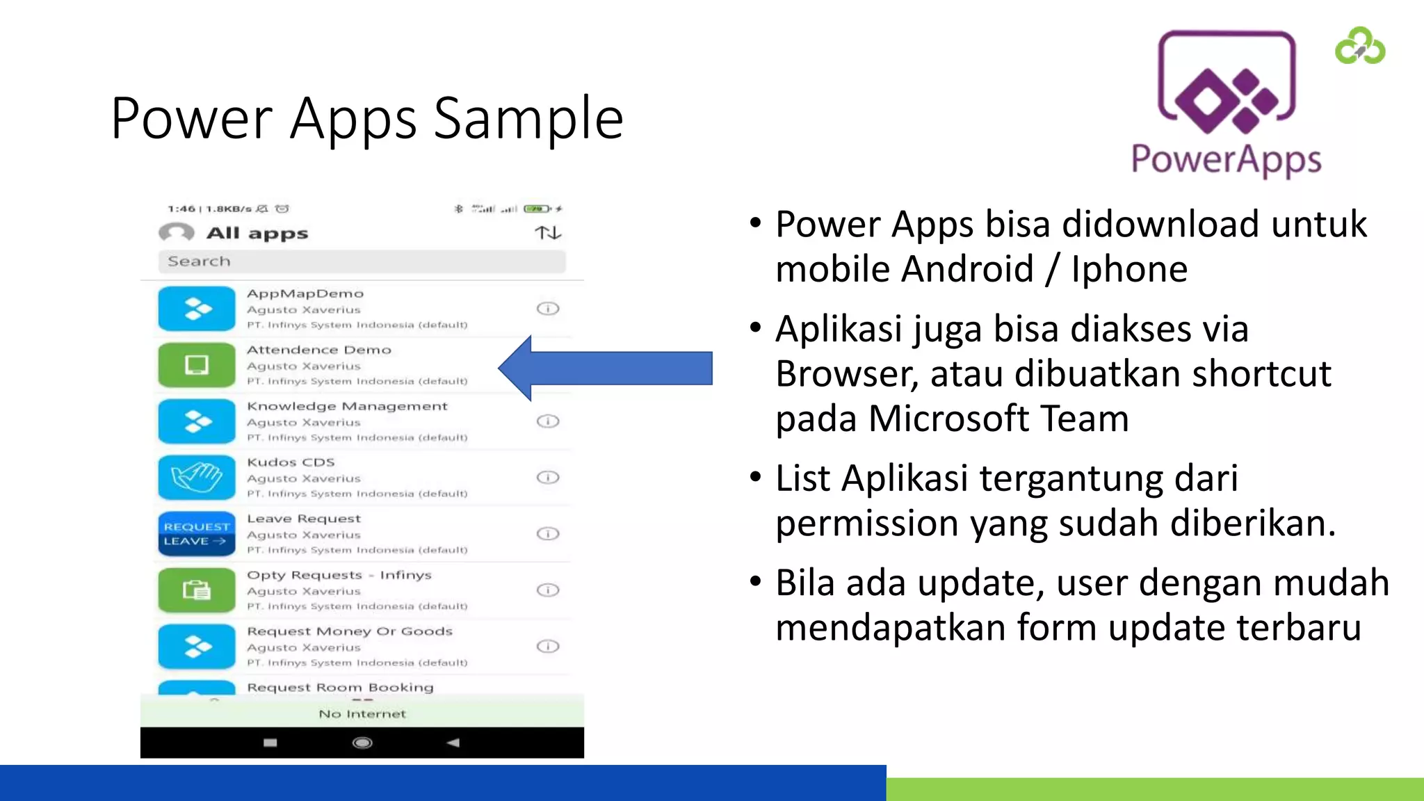 Power Apps Sample
• Power Apps bisa didownload untuk
mobile Android / Iphone
• Aplikasi juga bisa diakses via
Browser, atau dibuatkan shortcut
pada Microsoft Team
• List Aplikasi tergantung dari
permission yang sudah diberikan.
• Bila ada update, user dengan mudah
mendapatkan form update terbaru
 