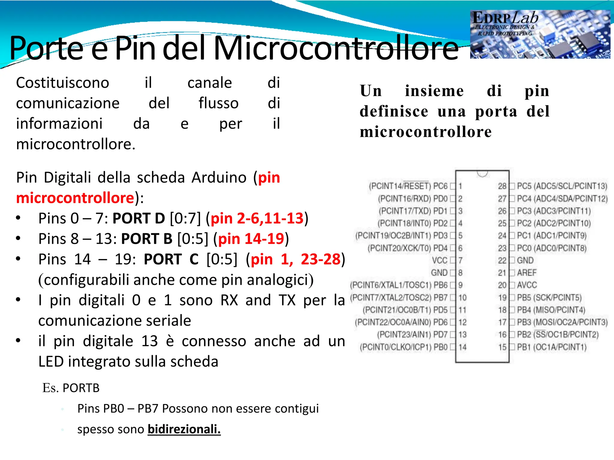 Porte ePindelMicrocontrollore
Costituiscono il canale di
comunicazione del flusso di
informazioni da e per il
microcontrollore.
Pin Digitali della scheda Arduino (pin
microcontrollore):
• Pins 0 – 7: PORT D [0:7] (pin 2-6,11-13)
• Pins 8 – 13: PORT B [0:5] (pin 14-19)
• Pins 14 – 19: PORT C [0:5] (pin 1, 23-28)
(configurabili anche come pin analogici)
• I pin digitali 0 e 1 sono RX and TX per la
comunicazione seriale
• il pin digitale 13 è connesso anche ad un
LED integrato sulla scheda
Es. PORTB
• Pins PB0 – PB7 Possono non essere contigui
• spesso sono bidirezionali.
Un insieme di pin
definisce una porta del
microcontrollore
 